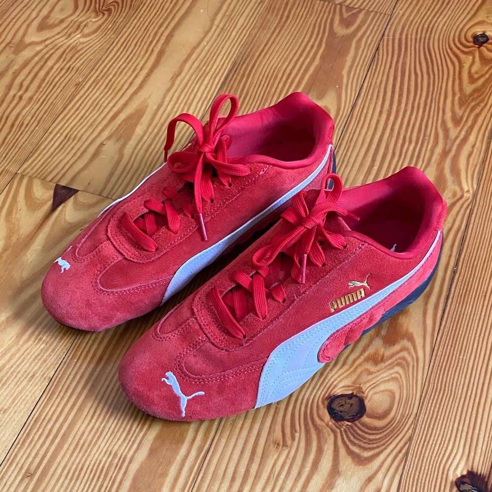 Puma Red Suede Sneakers with White Stripes